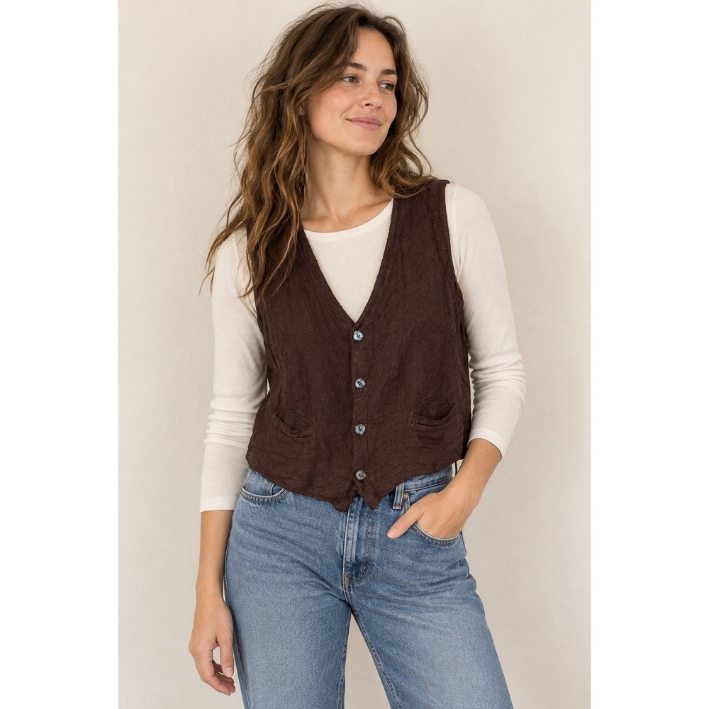 Vintage CP Shades Linen Rayon Vest M Brown Button Front Lagenlook 90s boho USA